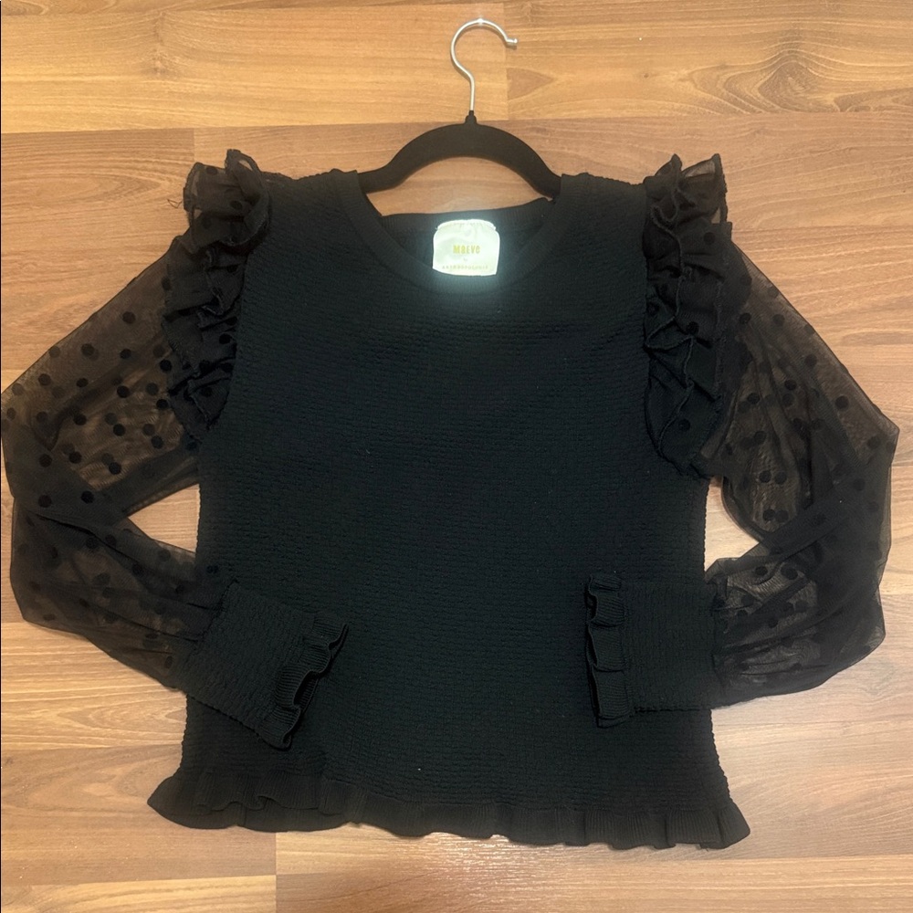 Anthropologie Maeve Black Ruffled Polka Dot Sleeve Blouse